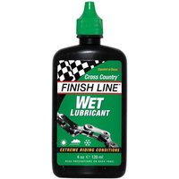 Black bottle of Finish Line Cross Country Wet Lubricant with green cap and chain graphic on label.