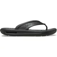 Black Crocs InMotion flip-flops with textured footbed, perforated straps, and cushioned sole.