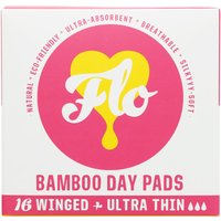 FLO Bamboo Day Pads pack with pink and yellow logo, eco-friendly, ultra-absorbent, breathable, silky soft, 16 count.