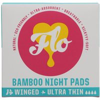 FLO bamboo ultra-thin winged night pads pack with pink logo, eco-friendly, ultra-absorbent, breathable, 14 count.