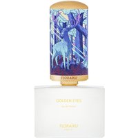 Floraïku Paris Golden Eyes Eau de Parfum with white bottle, gold cap, and forest deer illustration.