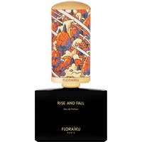 Black Floraïku Paris perfume bottle with colorful floral cap, labeled "Rise and Fall Eau de Parfum."