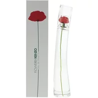 Clear glass bottle with a red poppy design, Flower By Kenzo Eau De Toilette 50ml, next to matching white box.