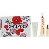 Kenzo Ikebana Sakura gift set with floral box, tall perfume bottle, small spray, and white body milk tube.