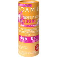 Pink Foamie deodorant stick, 40g, in a cylindrical container with floral scent label and 48h protection claim.