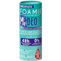 Teal Foamie deodorant stick, 40g, with purple text and "Rain In The Wood" scent, in a cylindrical container.