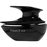 Black sculptural Pinnace Noir Eau de Parfum bottle with sleek, curved design and silver text.