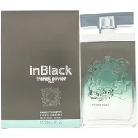 Clear glass bottle with silver cap, Franck Olivier In Black Eau De Toilette 75ml, intricate design on front.