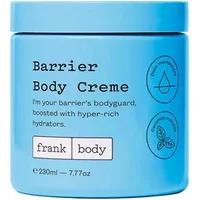 Blue jar of Frank Body Barrier Body Creme 230ml with black text and hydration symbols on the label.