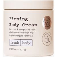 Cream-colored jar of frank body Firming Body Cream, 230 ml, with black text and logo on the front.