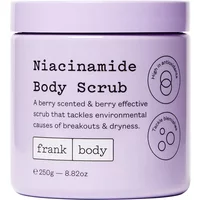 Purple Frank Body Niacinamide Body Scrub jar, 250g, with black text and circular icons on the front.