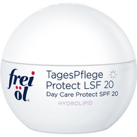 Frei Ol Skincare Hydrolipid Day Care Protect SPF 20, round white jar with blue and red text, 50ml.