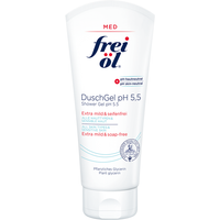 Frei Ol Skincare Shower Gel 200ml, white bottle, blue and red text, pH 5.5, curved cap.