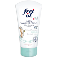Frei Ol Skincare Baby Care Lotion 150ml, white tube with blue cap, bunny illustration, gentle formula for sensitive skin.
