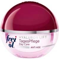 Round maroon and clear jar of Frei Ol Skincare Day Care for Demanding Skin, labeled "Hyaluron Lift Anti Age."