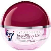 Frei Ol Skincare Day Care SPF 15, 50ml round jar, burgundy lid, clear base with silver accent.