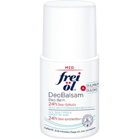 White Frei Ol Skincare Deo Balm 50ml bottle with red and blue text, featuring 24h protection and sensitive skin formula.