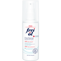 White Frei Ol Skincare Deodorant Spray bottle, 100ml, with blue and red text, clear cap, and aloe vera label.