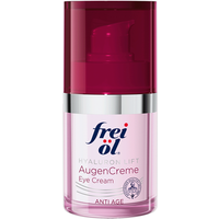 Frei Ol Skincare Eye Cream 15ml, pink and white bottle with red pump and silver accents.