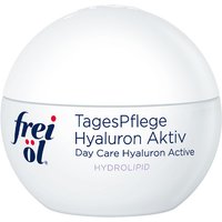 Round white jar of Frei Ol Skincare Hydrolipid Day Care Hyaluron Active Moisturiser, 50ml, with blue and red text.