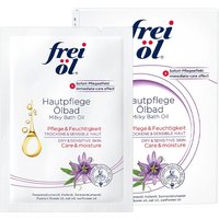 Frei Ol Skincare Milky Bath Oil, 5 sachets, 40ml each, white packaging with purple and gold accents, floral design.