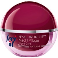 Round maroon jar of Frei Ol Skincare Night Care with silver band and white text, 50ml.