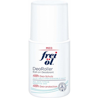 Frei Ol Skincare Roll-on Deodorant 50ml, white bottle with blue and red text, rounded cap.