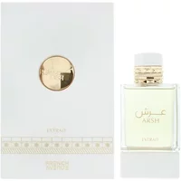 Clear glass bottle with gold cap, labeled "Arsh Extrait De Parfum," next to white box with gold accents.
