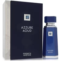 Blue French Avenue Azzure Aoud perfume bottle with square cap, next to matching box with silver accents.