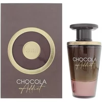 "Chocola Addict Eau De Parfum 100ml, brown bottle with gold accents, matching brown box with gold circle design"