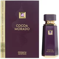 Purple French Avenue Cocoa Morado Eau De Parfum bottle with gold accents, 100ml, next to matching box.