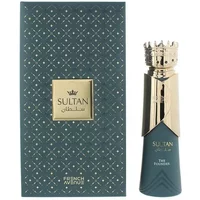 Dark green and gold Sultan The Founder Eau De Parfum bottle with crown cap, next to matching patterned box.