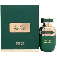 Green French Avenue Sultry Woods Eau De Parfum bottle with gold accents, next to matching green box.