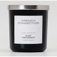 Black French Connection candle with silver lid, white label reads "Black Pomegranate Scented Candle 251G".