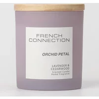 Lavender candle in glass jar with wooden lid, labeled "French Connection Orchid Petal Lavender & Cedarwood."
