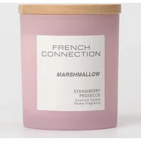 Pink French Connection candle with wooden lid, labeled "Marshmallow Strawberry Prosecco" in white text.