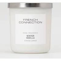 White French Connection Winter Vanilla candle in glass jar with silver lid and minimalist label design.