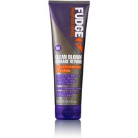 Purple Fudge Clean Blonde Damage Rewind Shampoo tube with orange and white text, violet cap, and toning repair formula.