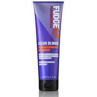 Purple Fudge Clean Blonde Toning Shampoo tube with violet accents, 250ml, bold text and silver cap.