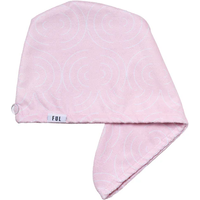 Pink FUL microfiber hair towel with subtle swirl pattern and loop closure.