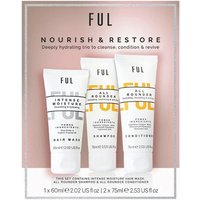 FUL Nourish and Restore Set with three white tubes: hair wash, shampoo, conditioner, in a sleek box.