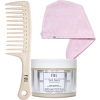 FUL Pamper Set with wooden comb, pink hair wrap, and hydrating hair mask in a clear jar with white label.