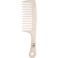 Beige FUL wide tooth comb with a smooth handle and hanging hole at the base.
