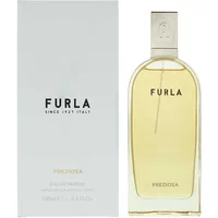 Clear glass bottle of Furla Preziosa Eau De Parfum 100ml with gold cap, next to white packaging box.