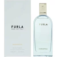 Clear glass bottle of Furla Romantica Eau De Parfum 100ml with gold cap and matching white box.