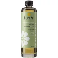 Fushi Organic Sweet Almond Oil 100ml in clear bottle with green label and black cap.