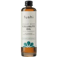 Fushi Really Good Cellulite Oil 100ml in clear bottle with black cap and white label featuring teal floral design.