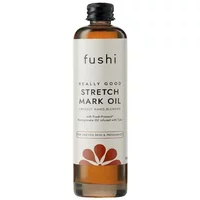 Fushi Really Good Stretch Mark Oil 100ml in a clear bottle with black cap and white label featuring orange floral design.