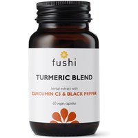 Fushi Turmeric C3 & Bioperine capsules in a dark amber bottle with a white label and orange floral design.