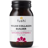 Fushi Vegan Collagen Builder, 120 caps in a dark amber bottle with white label and pink floral design.